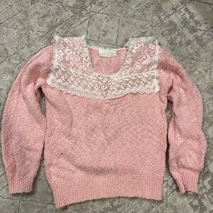 Gunne Sax Pink V-Neck Sweater with Lace